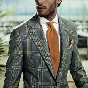 Custom blazer jacket, plaid and golden brown silk knit tie